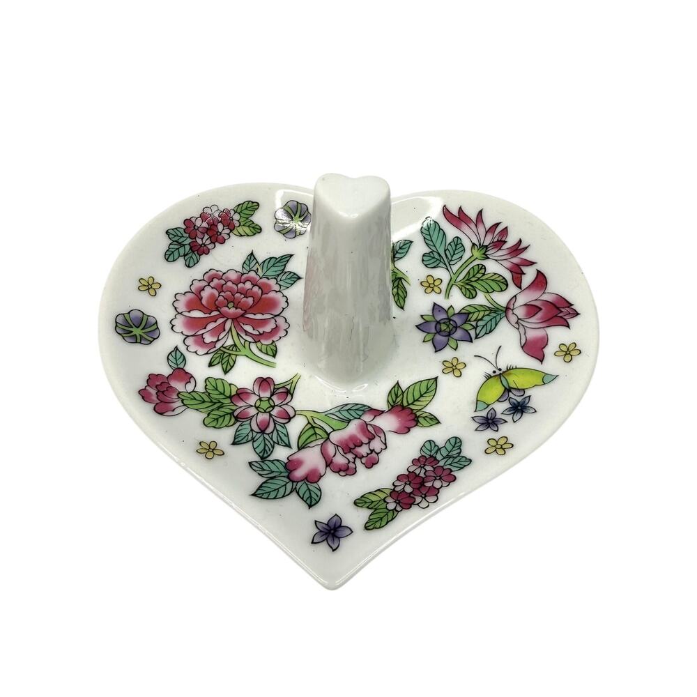 Vintage White Heart Shaped Floral Ring Dish Made in Japan